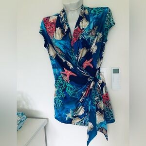 Cache Blue  Teal Coral Sea Life Tie Front Wrap Top. Size XS